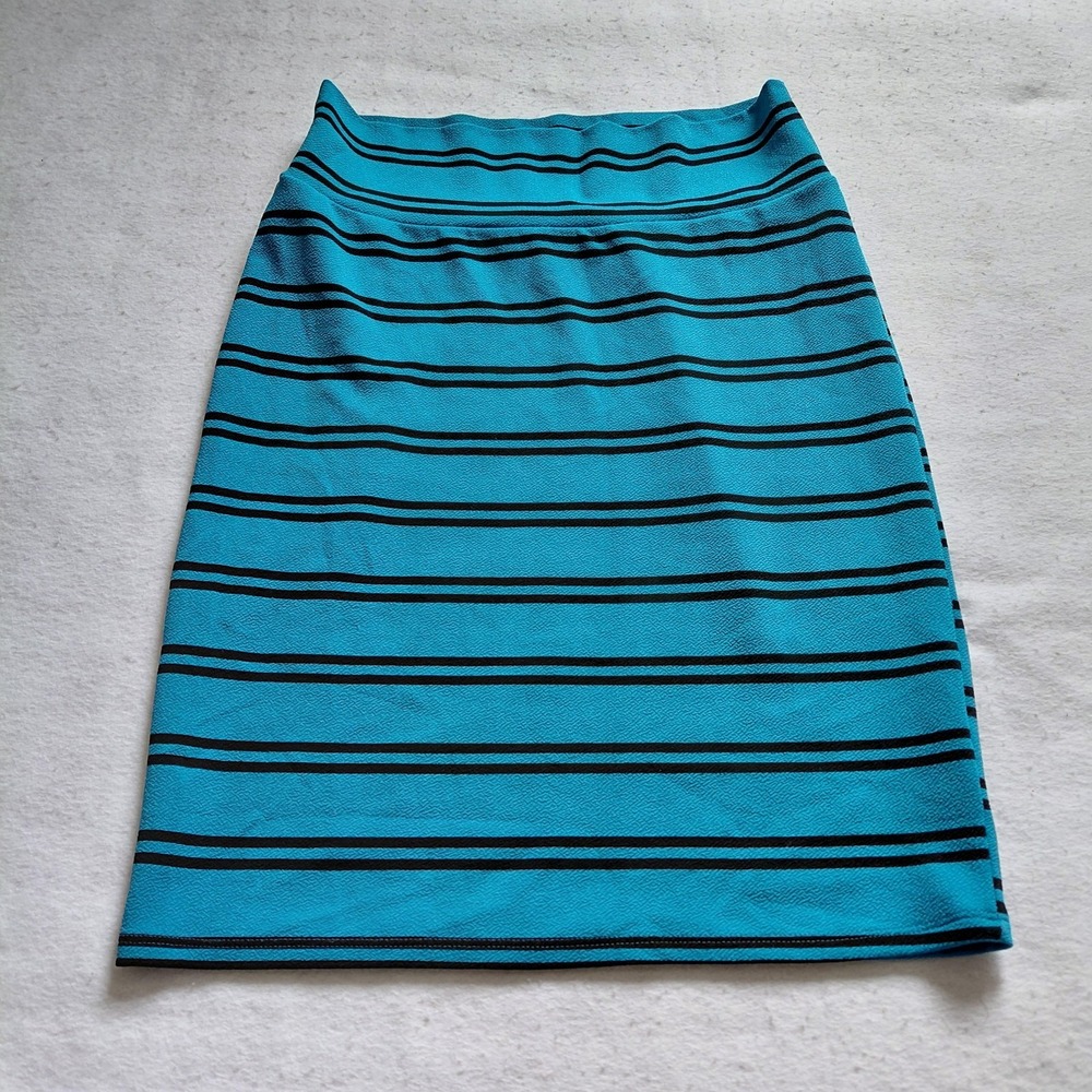 LuLaRoe Cassie Pencil Skirt Womens L Blue Teal Black Striped Stretch Knee Length